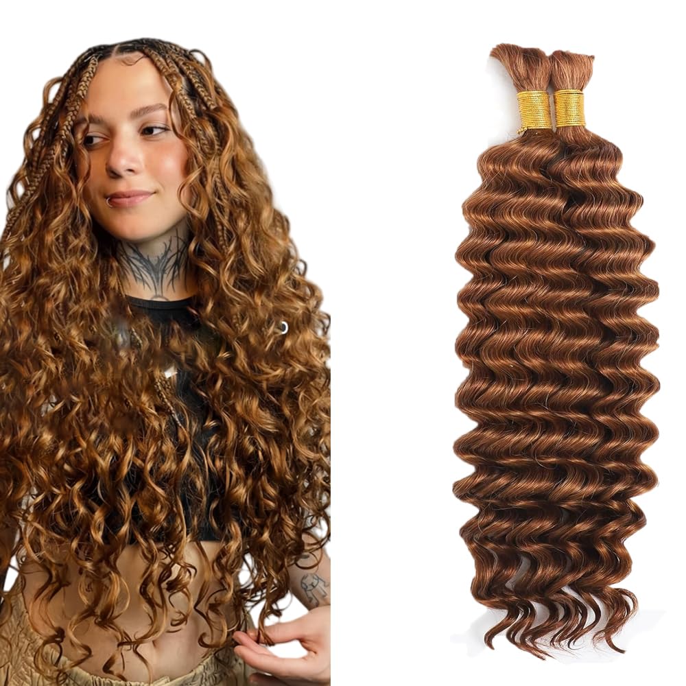 Tuheerst Human Hair Braiding #30 Light Brown Color Deep Wave Knotless No Weft Boho Braids Human Hair Extension 50g/Bundle Total 100g 26 26 Inch