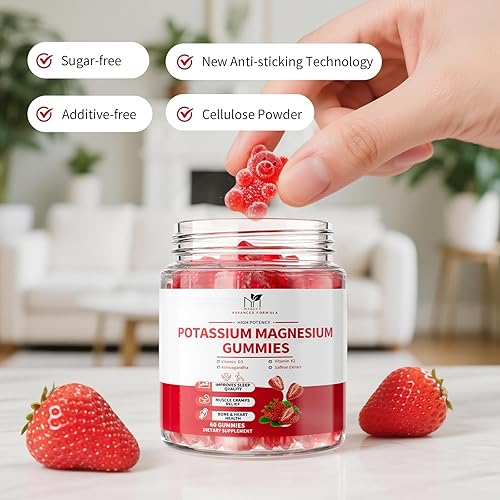 Miniatura 9 de Paquete de 2 gomitas de potasio y magnesio, suplemento de potasio sin azúcar, glicinato de magnesio de 500 mg, Ashwagandha, vitaminas D3, C, B6