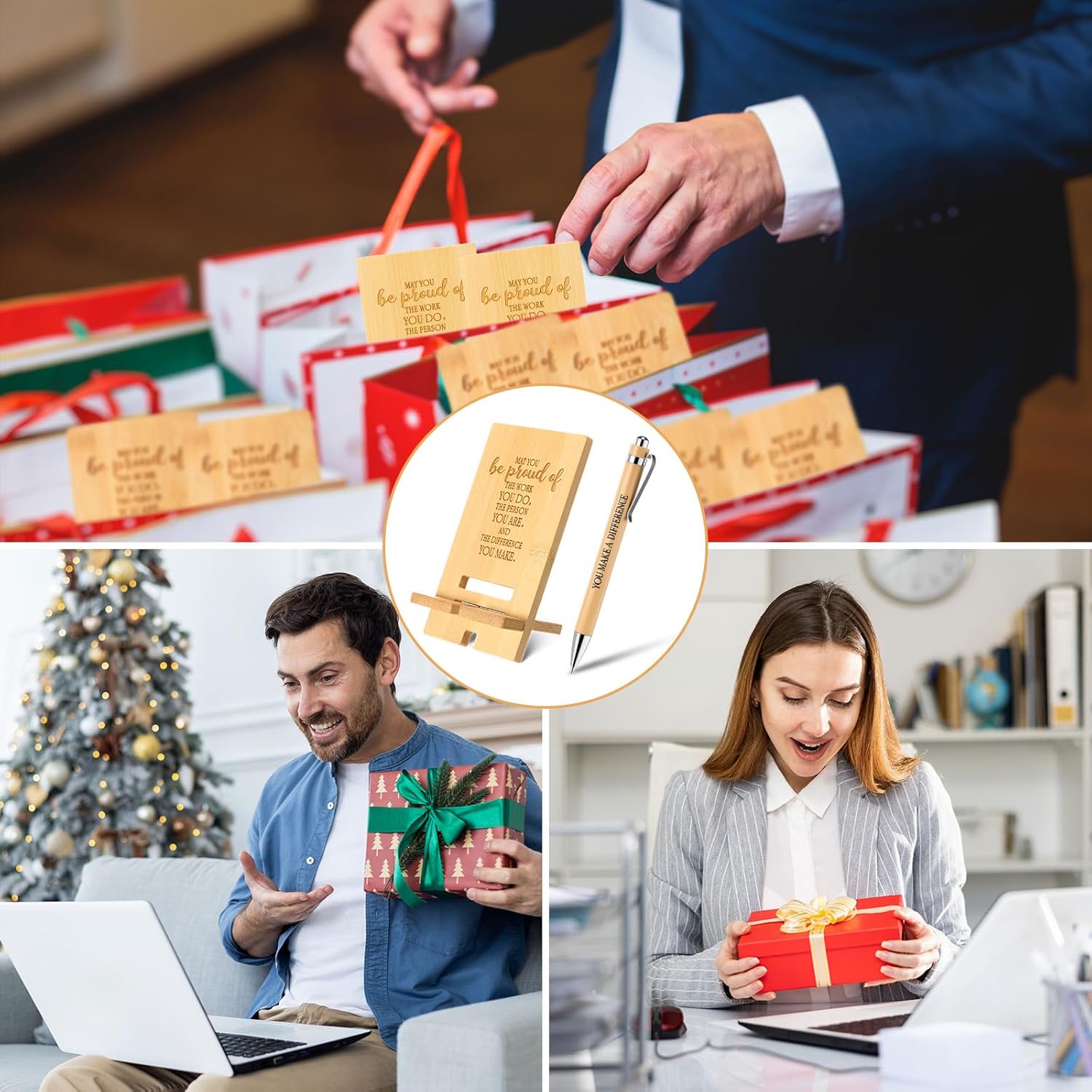 Ripeng 30 Sets Employee Appreciation Gifts Bulk Bamboo Phone Stands with Ballpoint Pens for Desk Office Workers Thank You Gift for Team Coworkers Staff Volunteer Nurse Teacher Colleagues