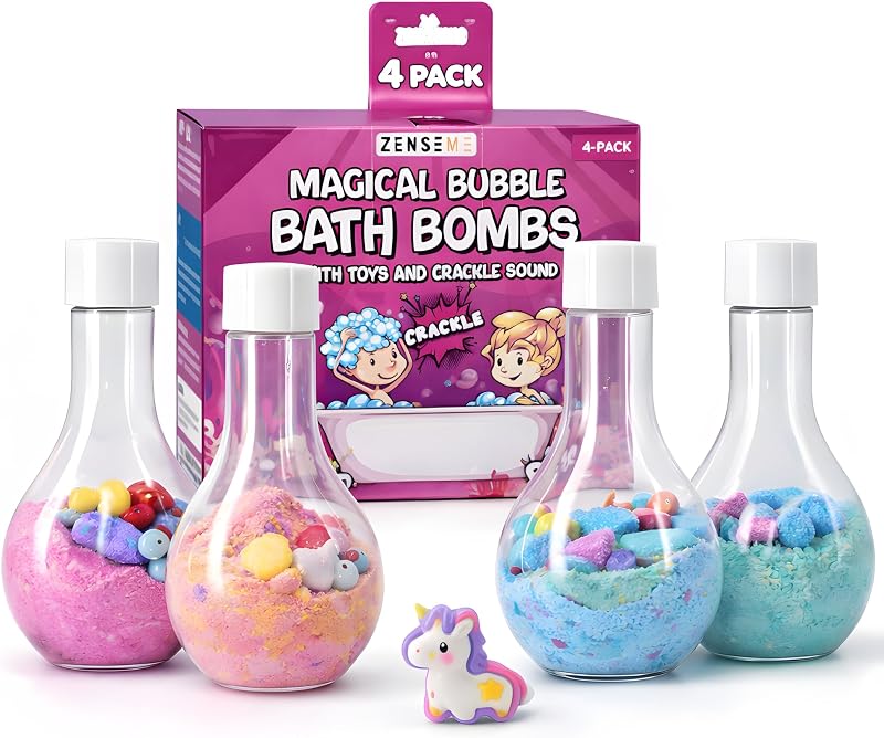 ZenseMe Bombas de banho em pó infantil com mini brinquedos de unicórnio, pacote com 4