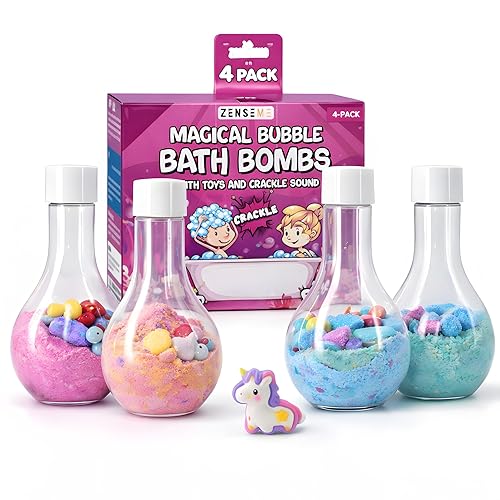 Zenseme Kids Bath Bombs Powder with Mini Unicorn Inside – Bubble Bath for Kids – Bathtime Experiment Kit Mix - Blast of Foam & Colour Surprise – Gift Set of 4