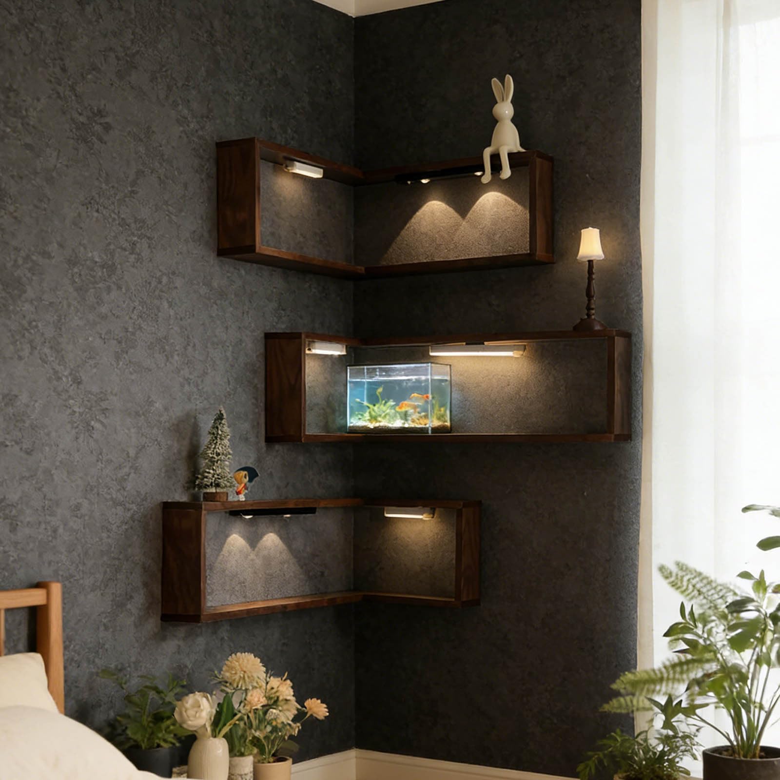 Étagères d'angle intelligentes qui illuminent votre espace - Étagères de rangement flottantes - Étagère d'angle murale en bois - Gain de place - Kaki x 2