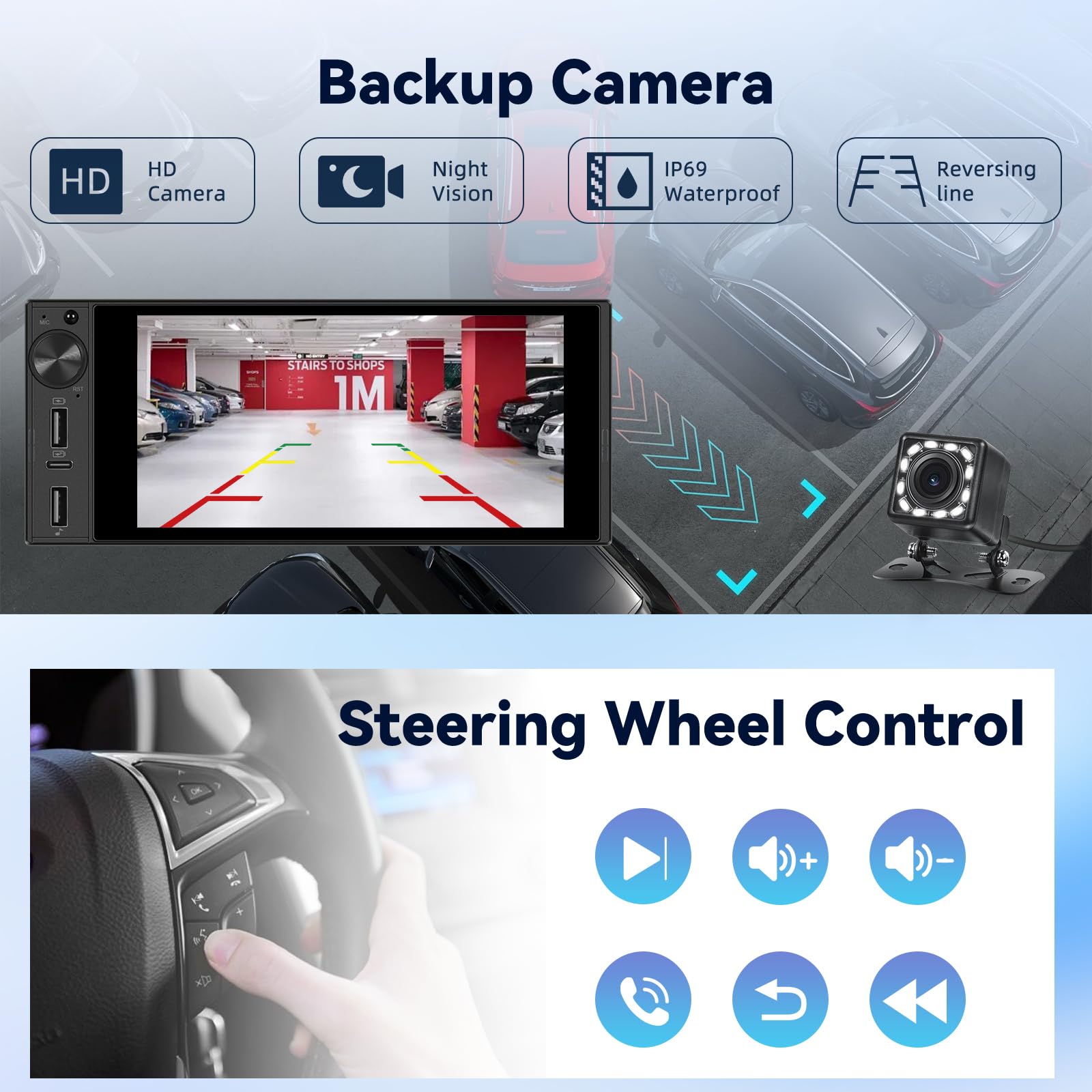 NHOPEEW Autoradio 1 DIN Avec CarPlay et Android Auto Sans Fil, Radio FM, commandes au Volant, Prise en Charge de la caméra de recul, Double Port USB + Type-C à chargement Rapide