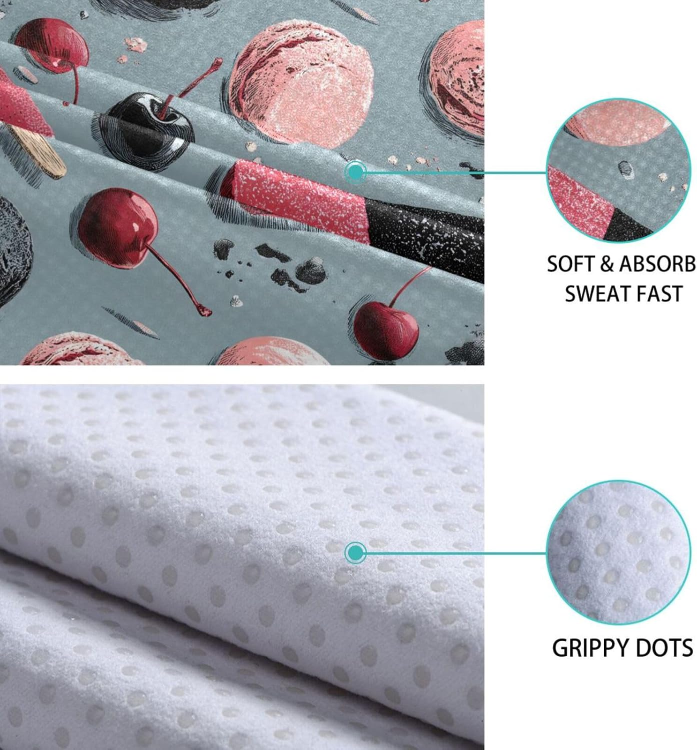 Hot Yoga Towel Icecream Cherry – Stylish, Non-Slip, Grip Dots, Super Absorbent, 27" x 73" - Yoga Mat Towels for Exercise, Fitness