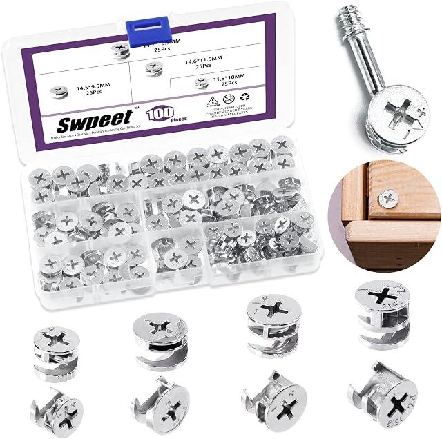 Swpeet 100Pcs 4 Sizes 3 in 1 Furniture Connecting Cam Lock Fittings Assortment Kit, Fastener Cabinet Connectors Hardware Bolts Furniture Connecting Lock Nut for Closets Bed Furniture Connecting