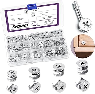 Swpeet 100Pcs 4 Sizes 3 in 1 Furniture Connecting Cam Lock Fittings Assortment Kit, Fastener Cabinet Connectors Hardware Bolts Furniture Connecting Lock Nut for Closets Bed Furniture Connecting