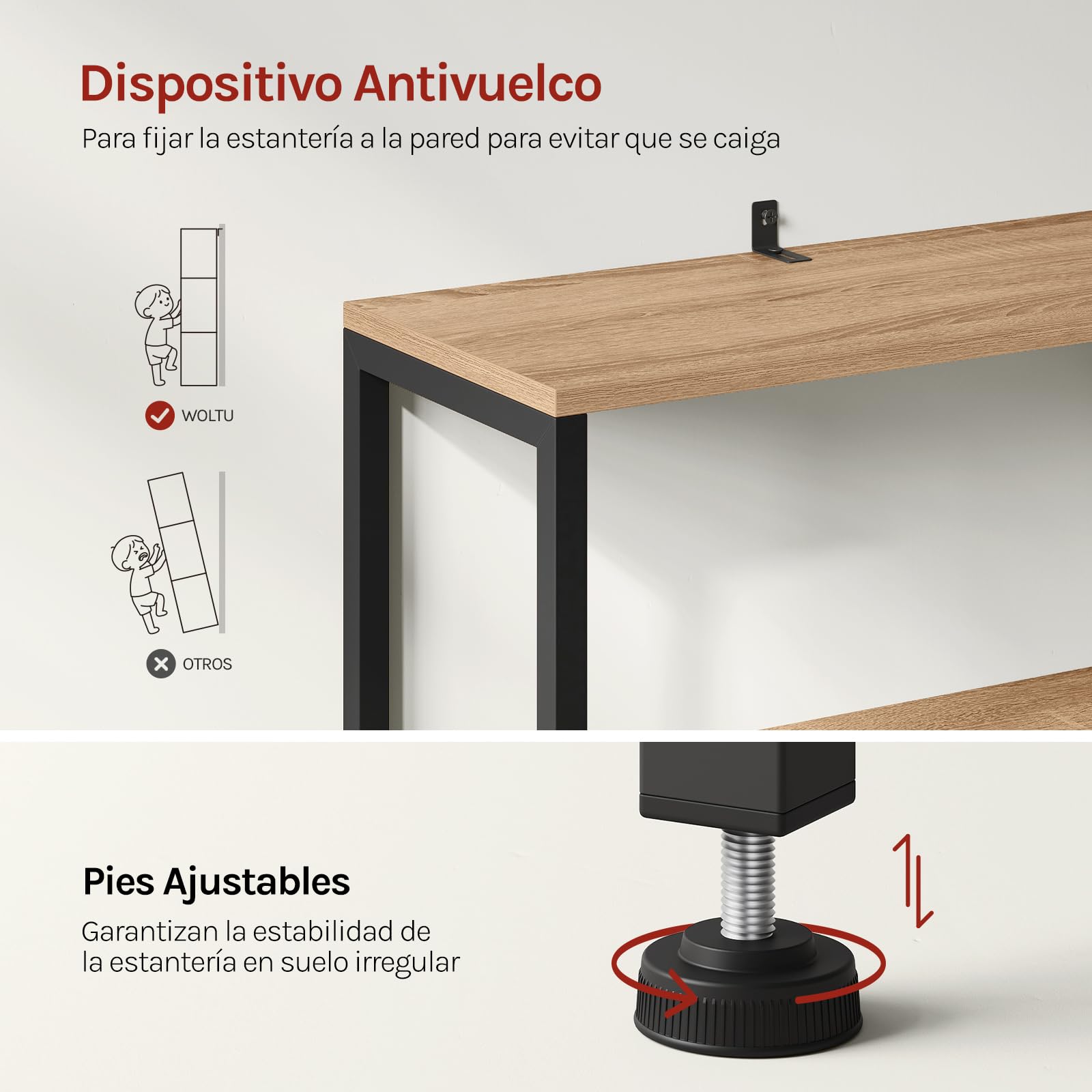 WOLTU Estantería Alta Independiente de Pie para Libros | 4 Baldas, con Armario y Cajones, Estante Industrial de Escalera de Flores de MDF y Metal, 58x24x120cm, Roble Claro