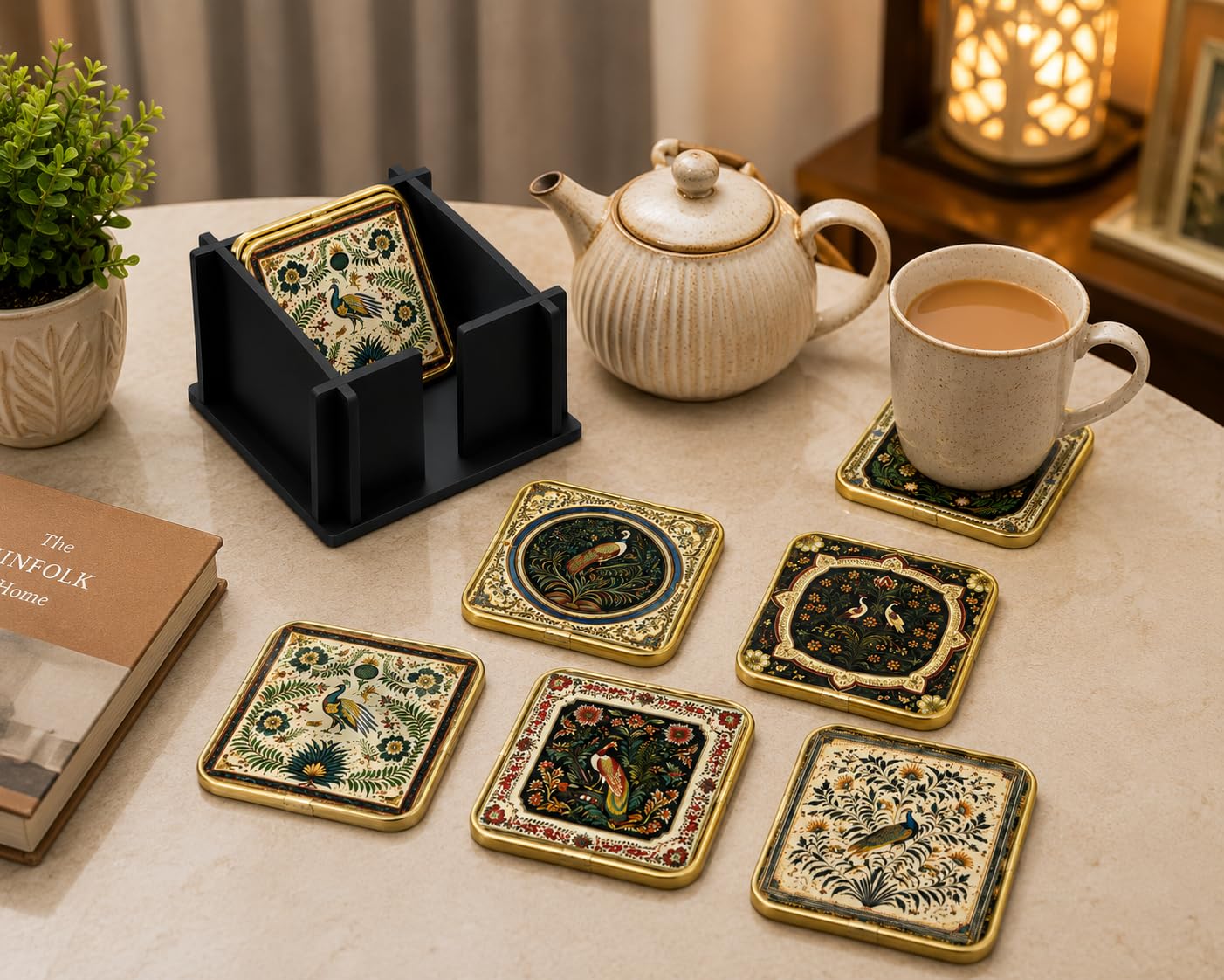 Wooden Coasters Set of 6 with Stand, 7mm MDF, Peacock Print, Gold Border | Smooth wipe-clean finish, no fading with regular daily use-picture-32