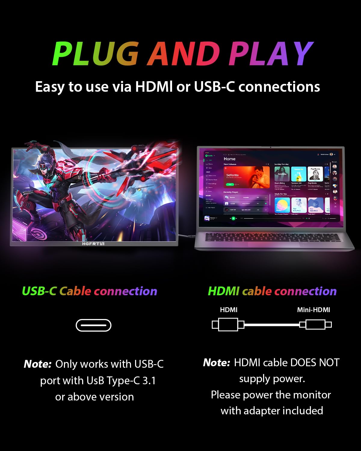 HGFRTEE Monitor portatile 18,5 Pollici, 1080P HDR Schermo Portatile IPS Antiriflesso, 100Hz, sRGB 100% USB-C, mini HDMI, Supporto Regolabile, VESA, Doppio Altoparlante per PC, Mac, Xbox, PS4/5