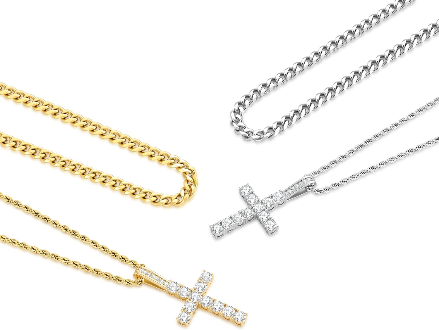 Fiusem Layered Cross Necklace for Men, Silver Tone/14K Gold Plated Mens Necklace Chain with Cubic Zirconia Cross Pendant, Stainless Steel Cuban and Rope Chain