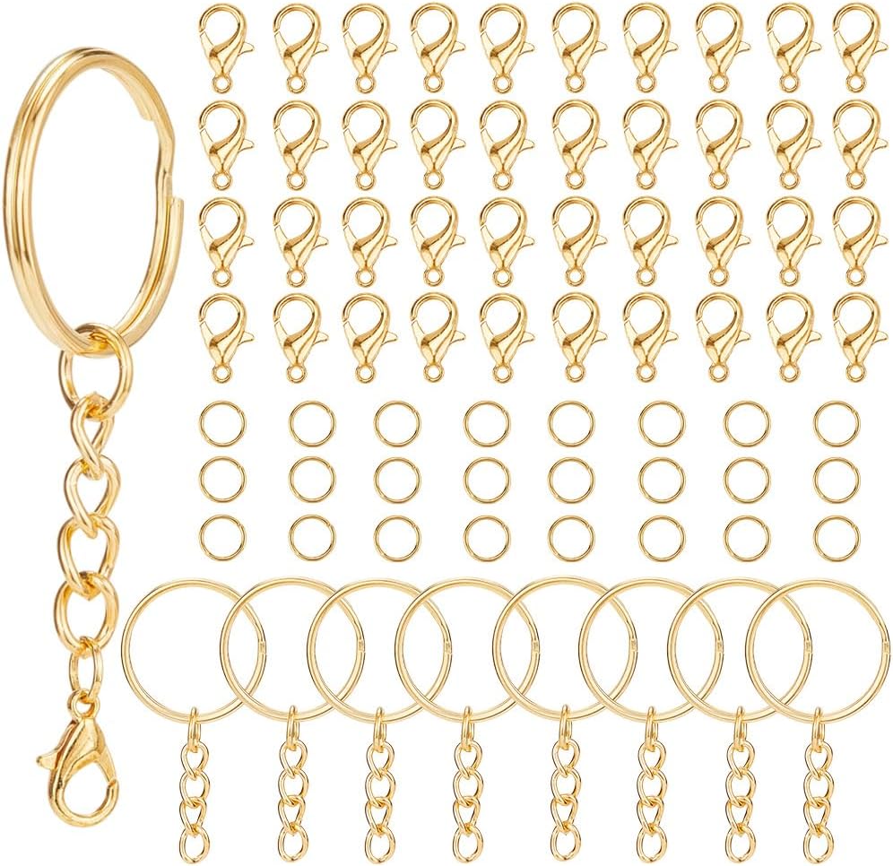 1 Box 300Pcs 100 Sets Split Rings with Chain Key Chain Lobster Claw Clasps Gold Bulk Alloy Metal Iron Open Jump Ring Trigger Snap Clips for Key Chains DIY Craft Making Lanyards Purse Bag