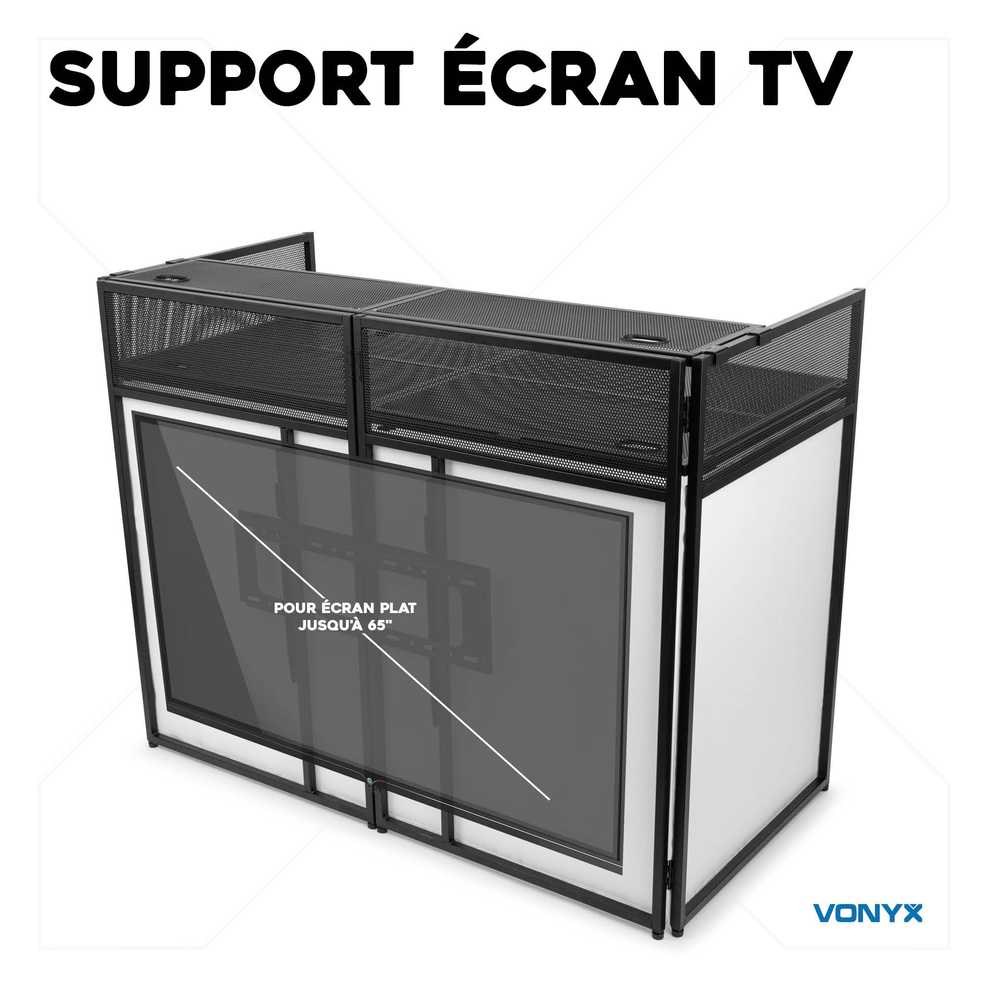 VONYX DB6 Pro Cabine DJ avec Support TV - Jusqu'à 25 Kg, Écran 65'', Lycra Blanc ou Noir Inclus, Sac de Transport, Un Système Complet et Idéal pour Les DJs Professionnels, DJs Mobiles