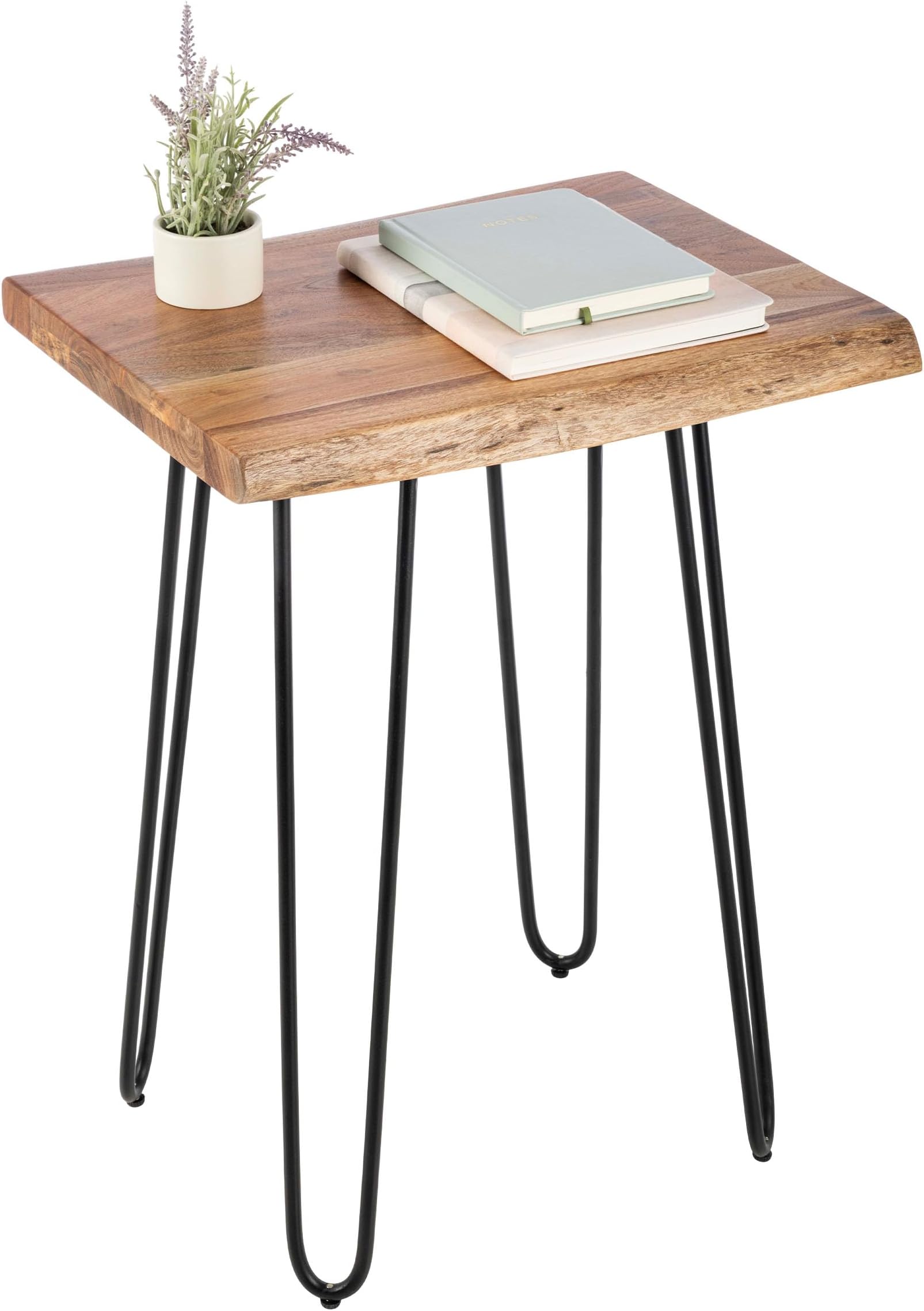 Alaterre Furniture Live Edge Wood End Table with Hairpin Metal Legs – Mid Century Modern Living Room Table with Acacia Wood Top (20 Inch)