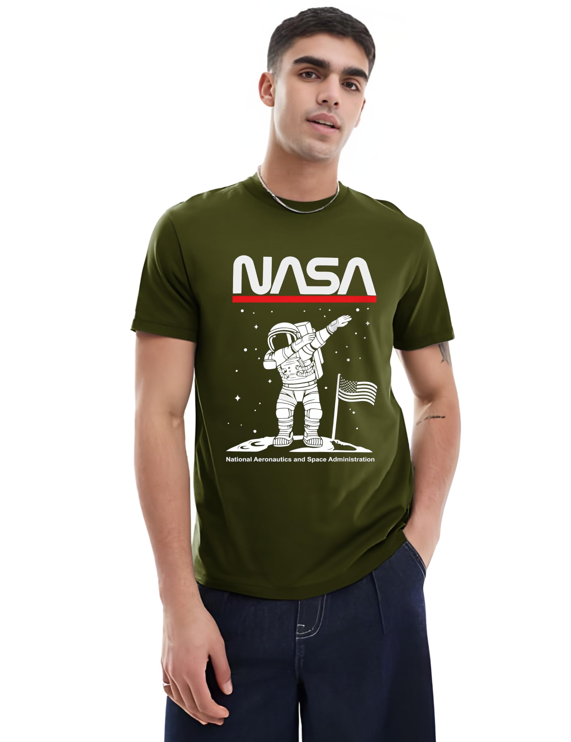 Ran Eleven NASA Astronaut T-Shirt | Men’s Space & Galaxy Graphic Tee | 100% Cotton | Half Sleeve | Regular Fit | Adventure & Exploration Wear (in, Alpha, S, Regular, Olive Green)