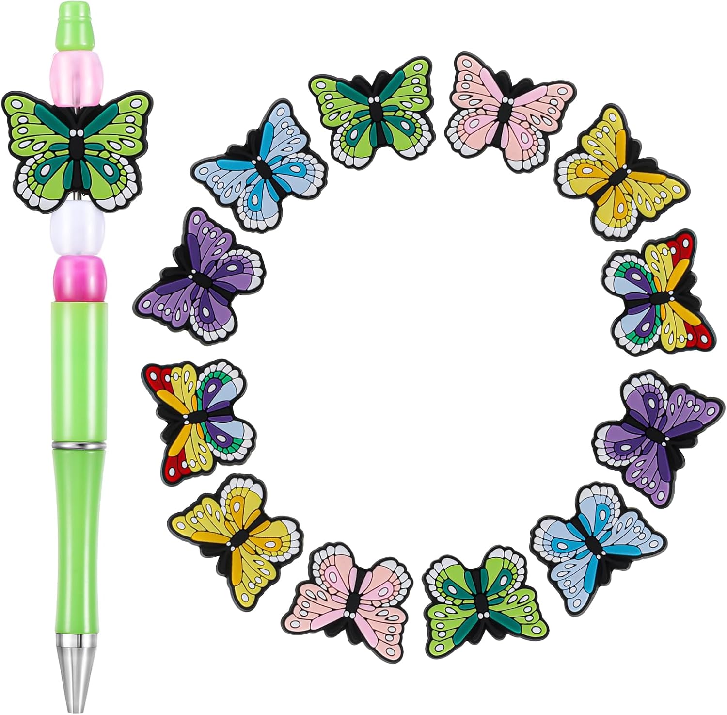 12 Pcs Butterfly Silicone Focal Beads - Colorful Focal Beads for Pen Keychain, Soft Durable Butterfly Decoration for DIY Bead Pens, Cute Gifts, Jewelry Handmade Crafts, Bracelet Necklace Accessory