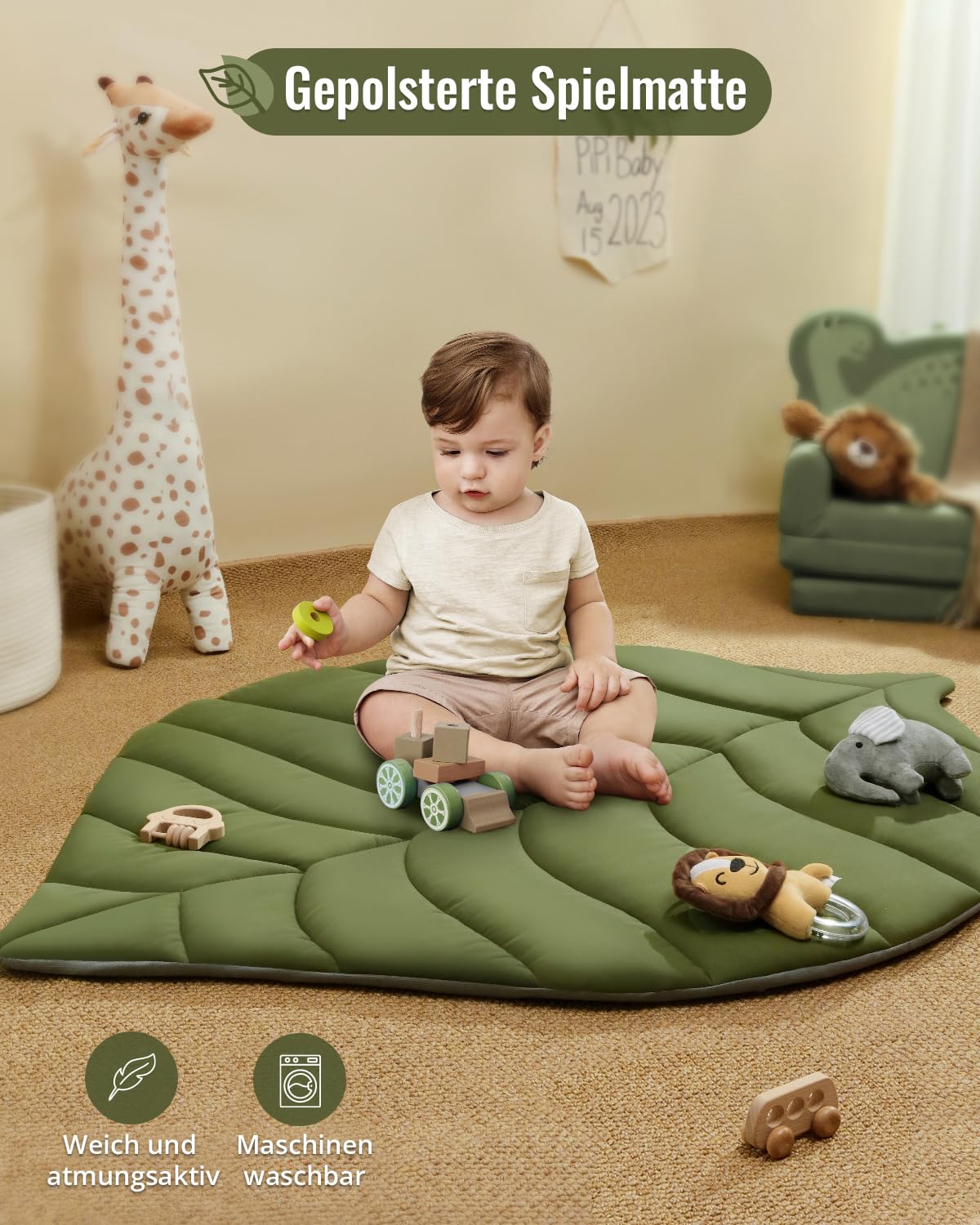 Blissful Diary Spielbogen Baby, Übergroßes Blattförmiges Spieldecke Baby Gym Activity Decke mit 6 Abnehmbare Spielzeuge, krabbeldecke Unverzichtbare Babygeschenke, Waldgrün