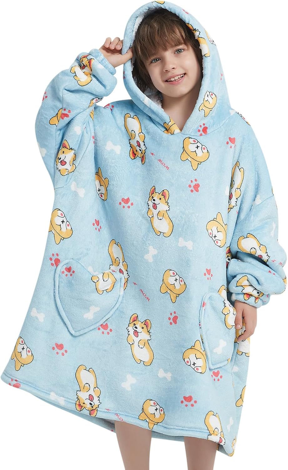Fiosnow Corgi Blanket Hoodies for Kids 6-13YR Oversize Wearable Blanket Hoodies for Boys Girls Teens