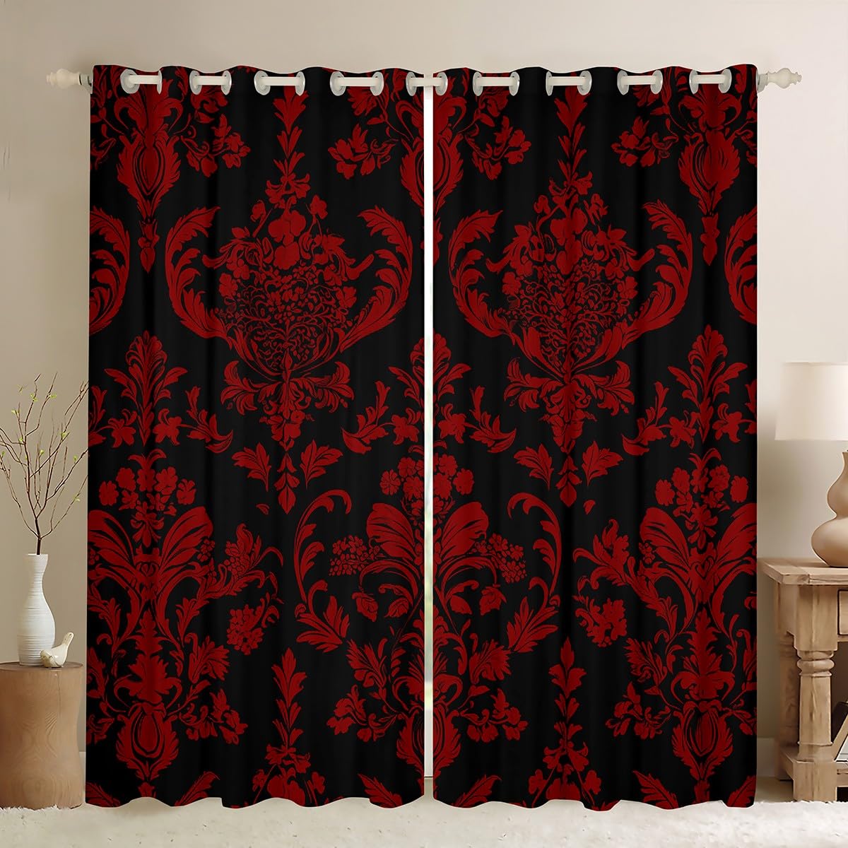 Homemissing Red Black Vintage Damask Floral Curtains Oriental Antique Window Curtains for Bedroom Living Room Gothic Bohemia Floral Window Drapes Luxury Blackout Curtains, W52*L63,2 Panels