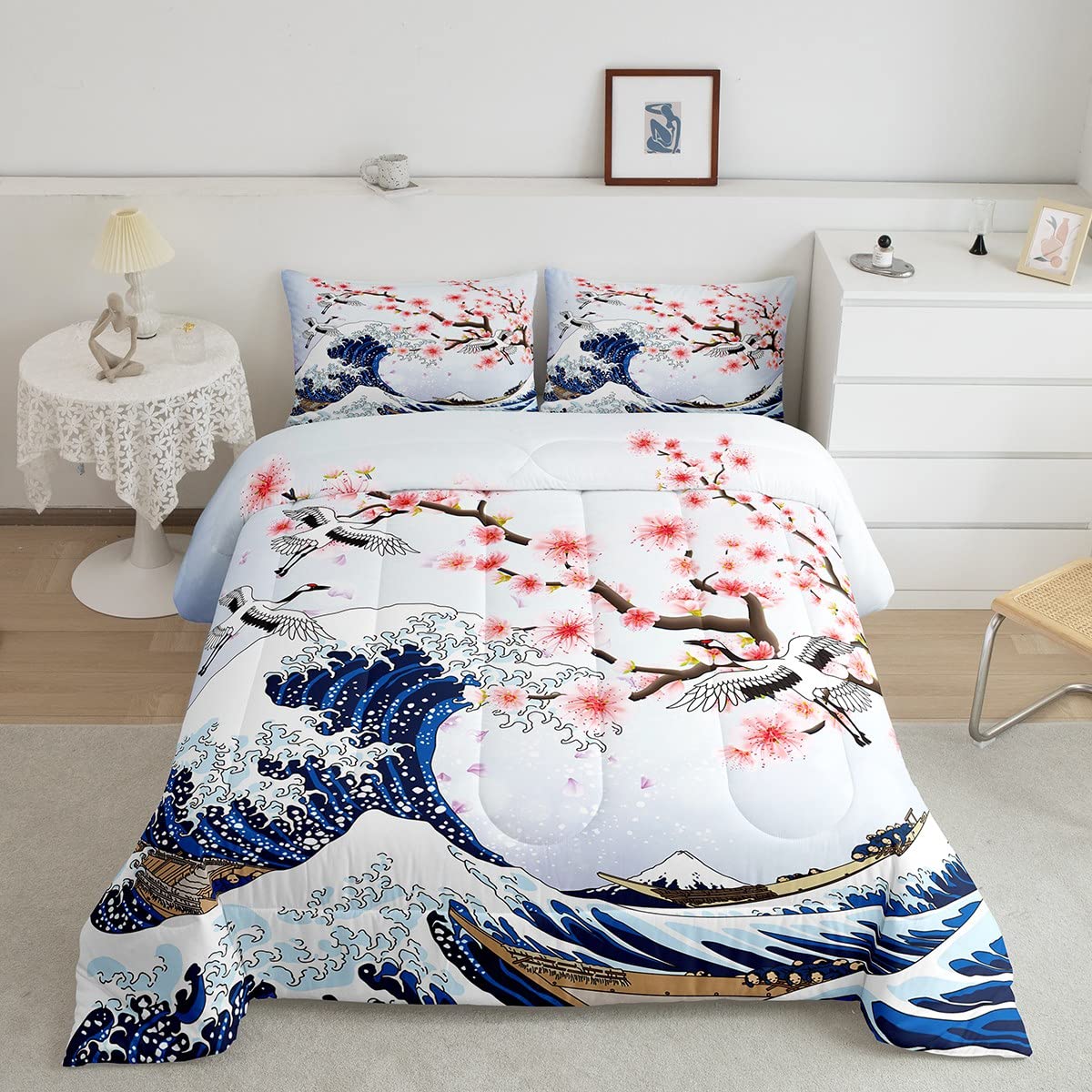 Feelyou Cherry Blossoms Bedding Set Chic Crane Comforter Set for Kids Girls Women Ocean Wave Decor Comforter Pink Japanese Ukiyoe Theme Quilt Set with 1 Pillowcase 2Pcs Bedding Twin