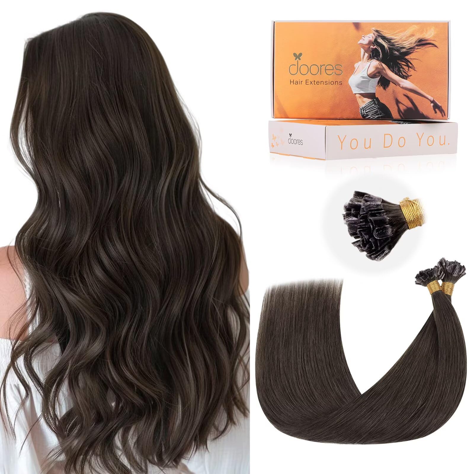 Doores U Tip Hair Extensions, Mocha Brown 24 Inch 50g/50s, Keratin Tip Hair Extensions Human Hair, Human Hair Extensions