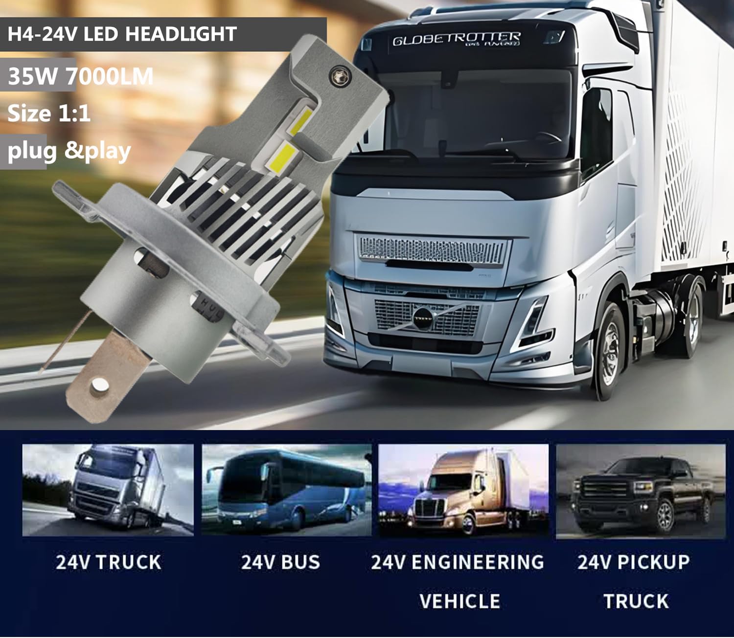 SageSunny exclusive h4 p43t LED lampadina camion 24V 70W 14000lm 6500K bianco,h4 ventilata,per fari anabbaglianti e abbaglianti,scala 1:1 rispetto alle lampadine alogene camion,plug&play,set da 2.