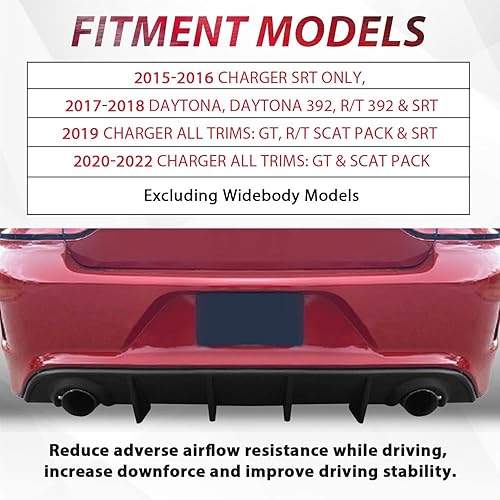 Miniatura 4 de KUAFU Difusor trasero compatible con Dodge Charger Scat SRT Daytona GT RT modelos no de cuerpo ancho, cenefa parachoques trasero, difusor de alerón,