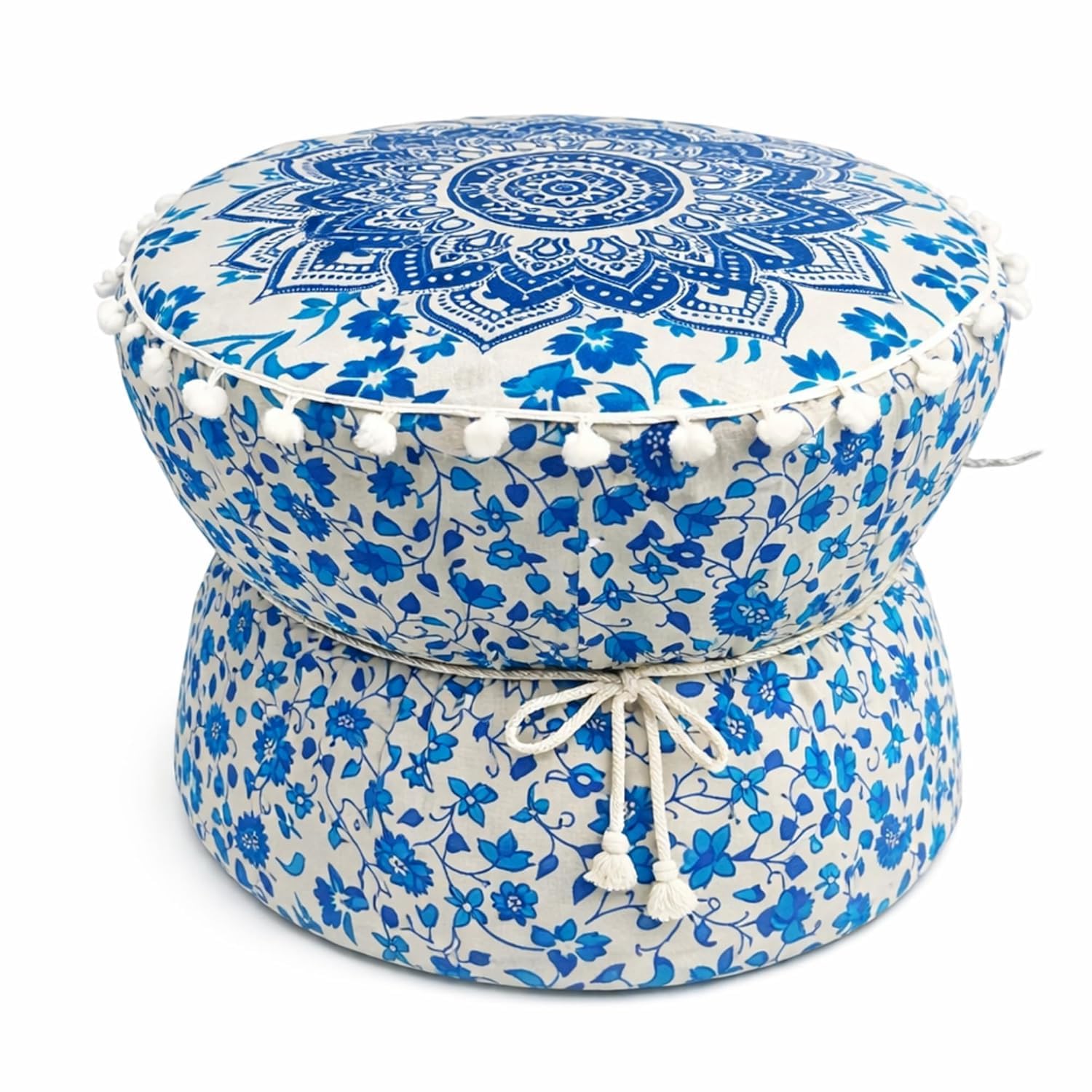 jagdmba handicrafts Blue-White Boho Pouffe Ottoman Muda Cover Round Mandala Print Cotton Footstool Set of 1 Pc Mudda Cover ONLY-image-46