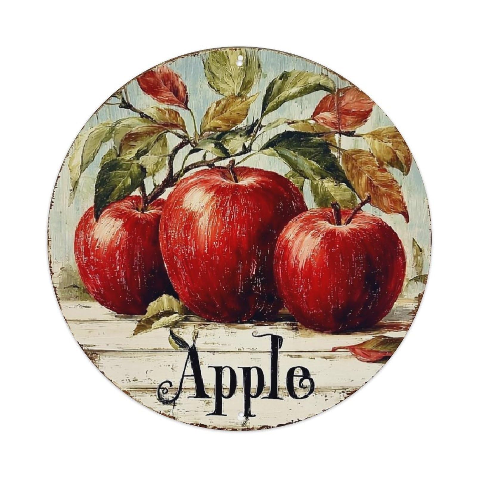 Apple Fruit Tree Leaves Branch Retro Metal Sign Round Tin Sign, Vintage Decor Art Poster for Bar, Home, Man Cave, Kitchen, Laundry Room Gift 8x8Inch
