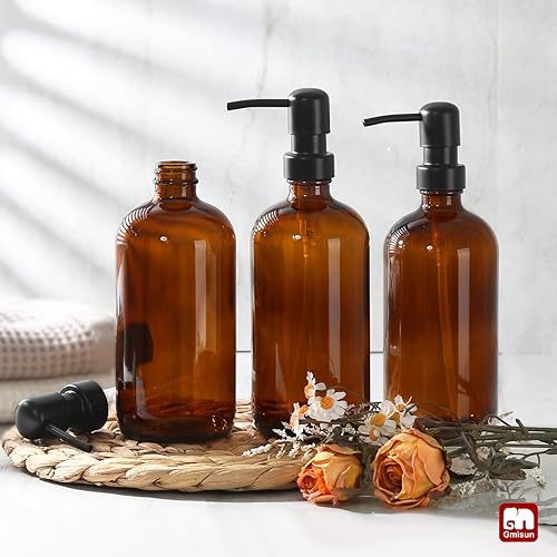 Miniatura 22 de GMISUN Dispensador de jabón de vidrio ámbar, paquete de 2 dispensadores de jabón de manos de baño con bomba de bambú, juego de dispensador de jabón