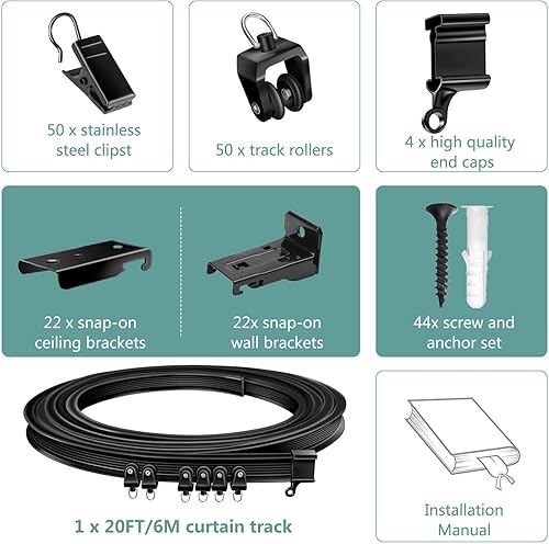 Miniatura 2 de Riel de cortina de techo, riel de cortina flexible y flexible flexible de 20 pies, riel de cortina negro para montaje en pared