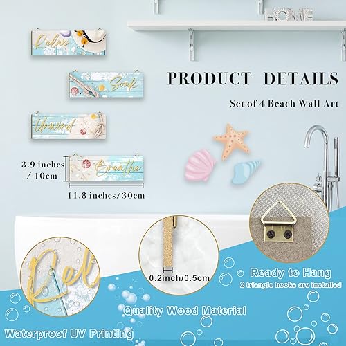 Miniatura 2 de BHSHOH 4 piezas de decoración de pared de baño de playa Relax Soak Unwind Breathe Beach Decor Bathroom Wall Art Wood Hanging Bathroom Sign Seashell
