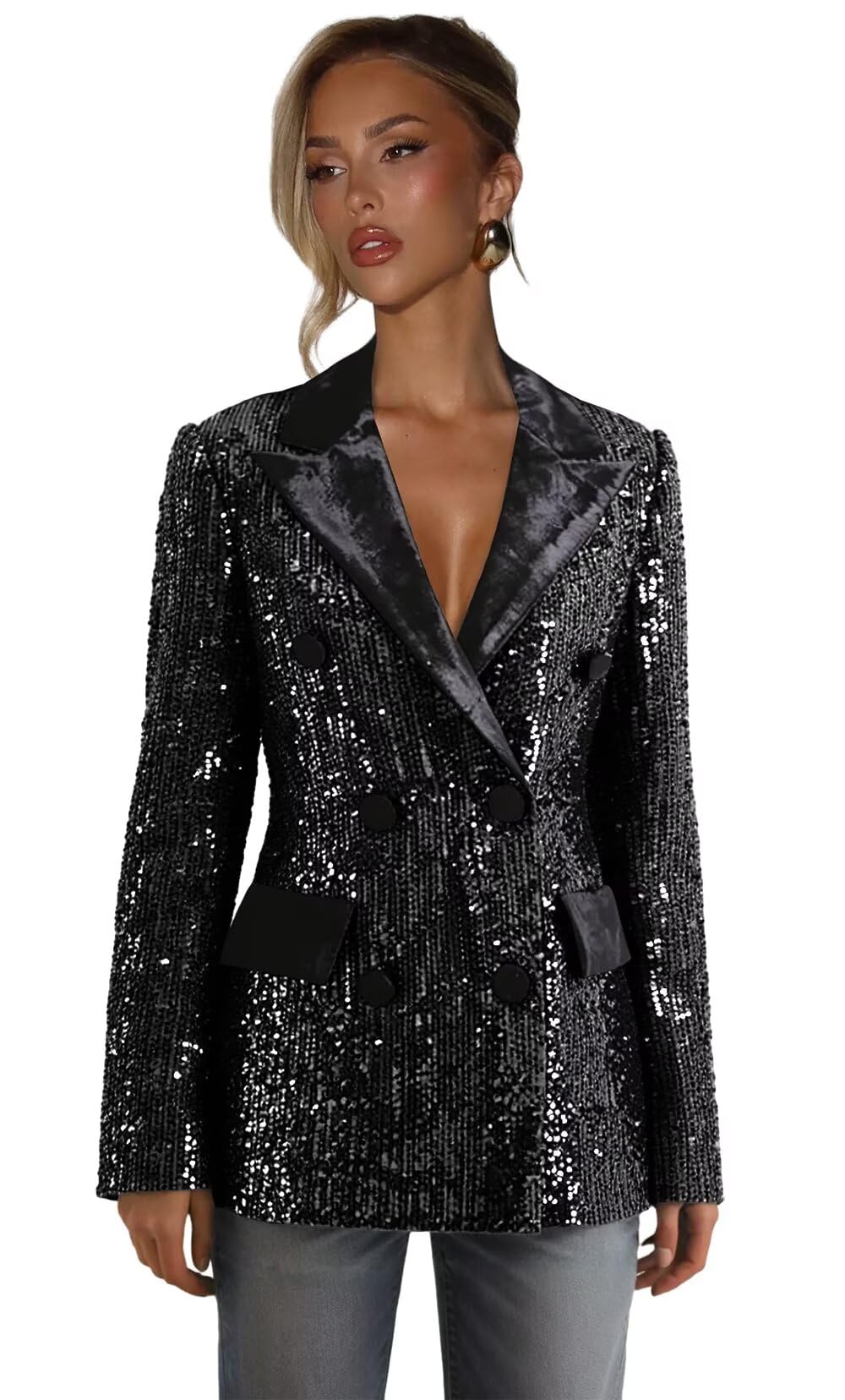 Sequin Blazers for Women Business Casual Double Breasted Shiny Suit Jacket for Party V Neck Womens Dressy Coat