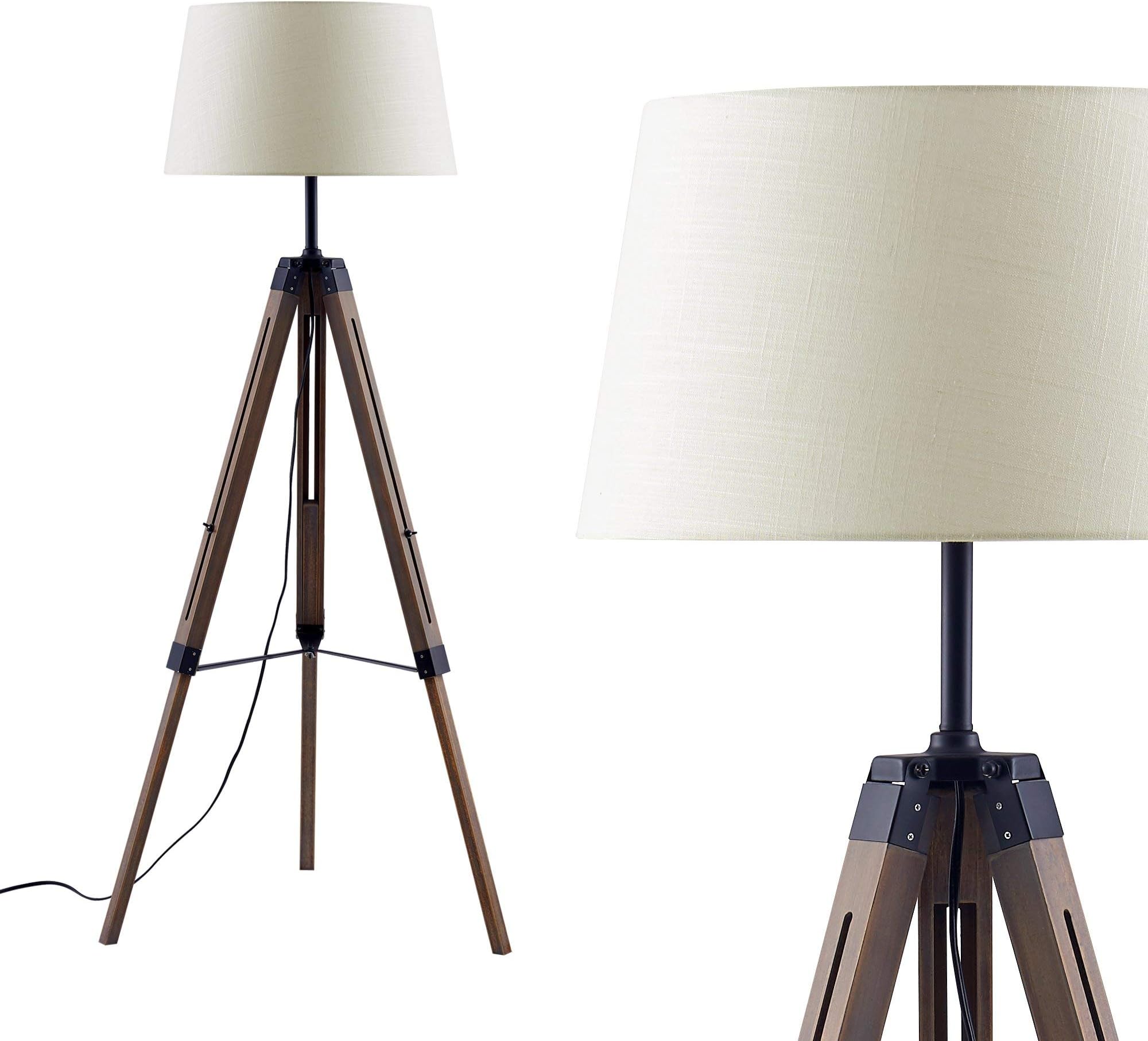 ambiore. Wood Tripod Floor Lamp with LED Bulb Coventry - Vintage Indoor Standing Lamp for Living Room - Wood wash Grey Finish with Linen Beige White Shade - White