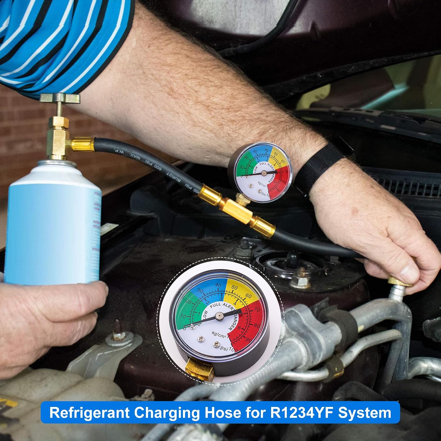 R1234YF Refrigerant Charge Hose Kit, R1234yf Refrigerant Gauge with R1234YF Self-Sealing Can Opener 1/2’’ LH, 90 Degree R1234YF Low Side Quick Coupler, 24'' AC Recharge Hose with Gauge