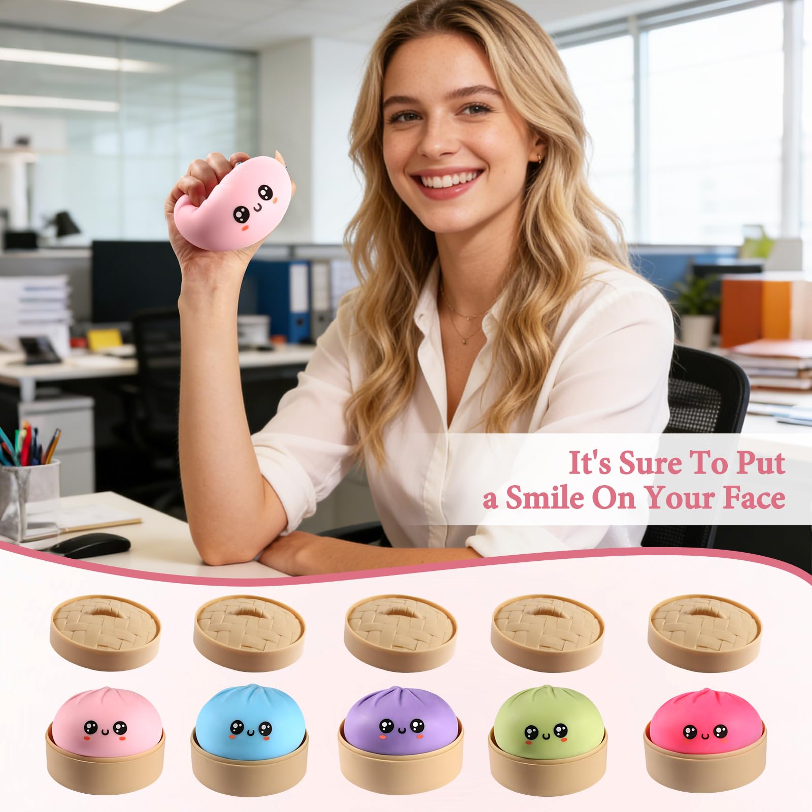 Dumpling Squishy, Dumpling Squishy Mystery Box, Cute Big Squishy Dumpling Stress Ball Fidget Sensory Toy for Adults Anxiety Relief, Novelty Squeeze Ball for Office Desk (Pink) — view 5