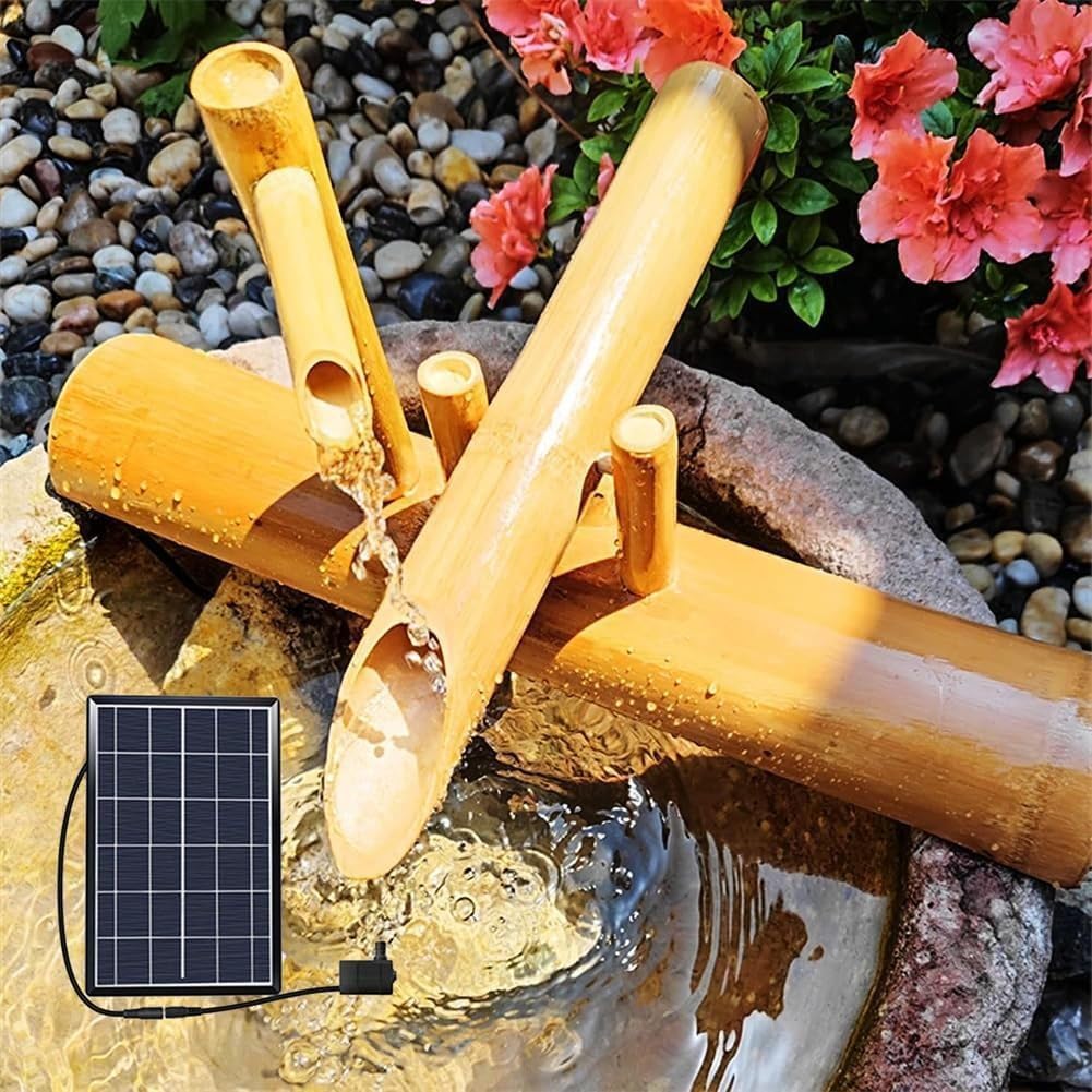 Fontana a Cascata in bambù alimentata a energia Solare, Fontana da Giardino Giapponese, ugello a Cascata per Esterni Realizzato al 100% a Mano,25CM