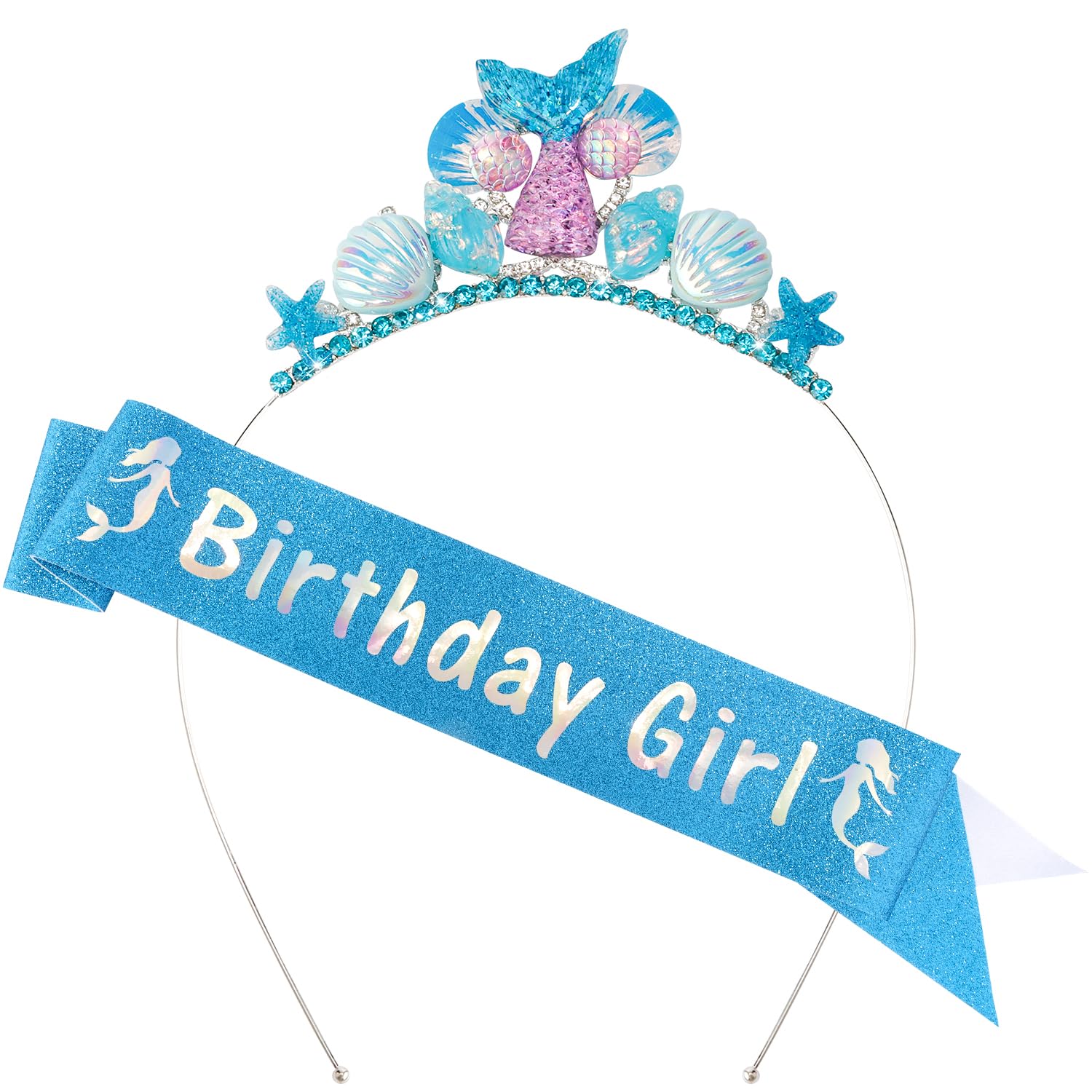 SuPoo Mermaid Party Decorations Outfit - Headband Crown, Sash, Tail, Tiara, Seashell Accessories for Birthday Girl