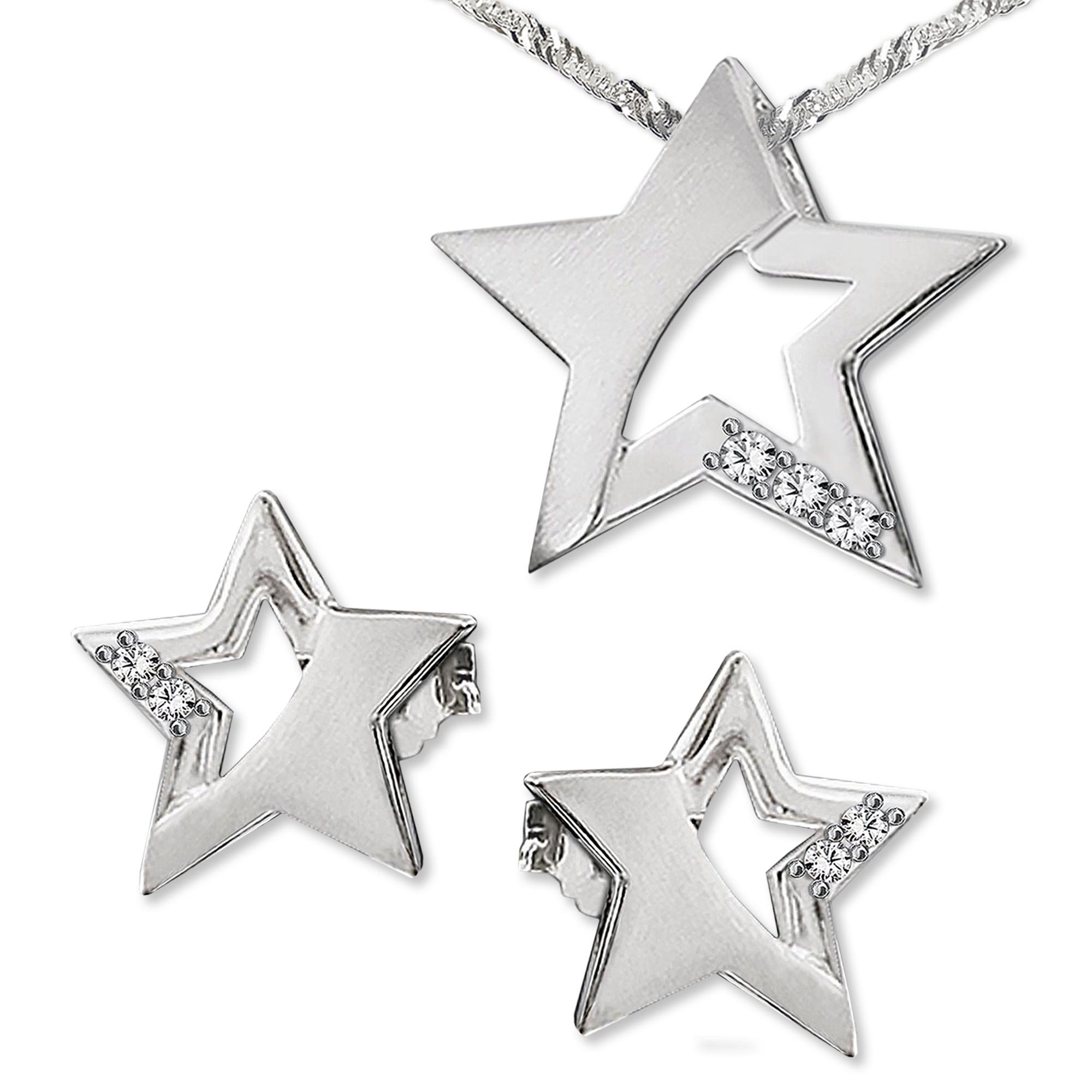 CLEVER SCHMUCK Set für Damen Ohrstecker Stern 9 mm matt glänzend mit Zirkonias weiß, passender Anhänger 15 mm & Kette Singapur 45 cm 925 Sterling Silber im Etui anthrazit