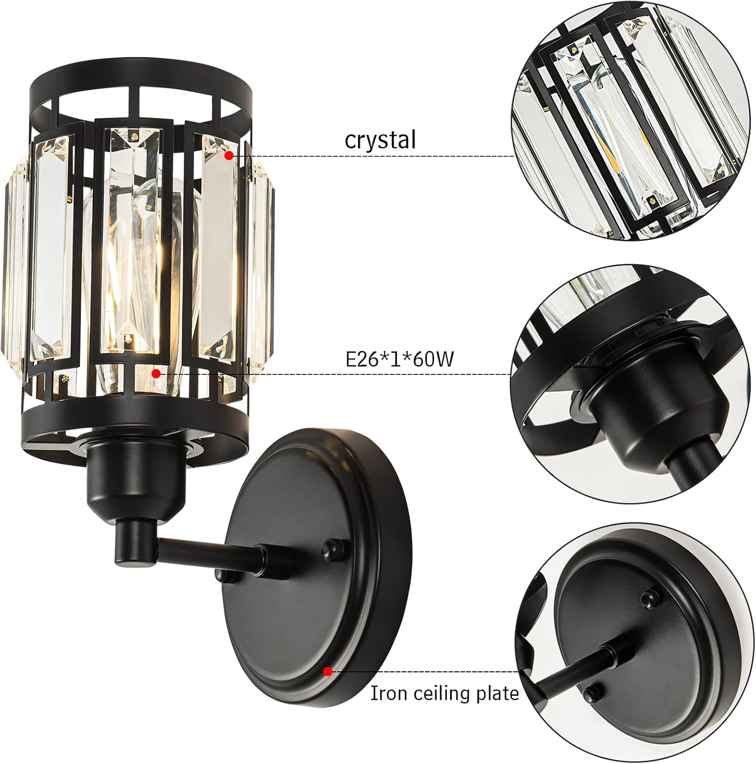 1 Light Crystal Wall Sconce Lighting with Black Finish, Modern Wall Light Fixture Living Room Bed Room, Over Mirror Vanity Light Bathroom Dressroom E26