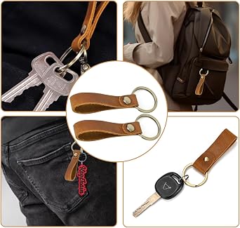2Pcs Genuine Leather Keyring, Brown Car Key Fob with Belt Loop Clip Unisex