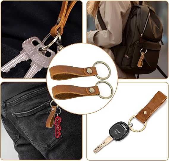 2Pcs Genuine Leather Keyring, Brown Car Key Fob with Belt Loop Clip Unisex