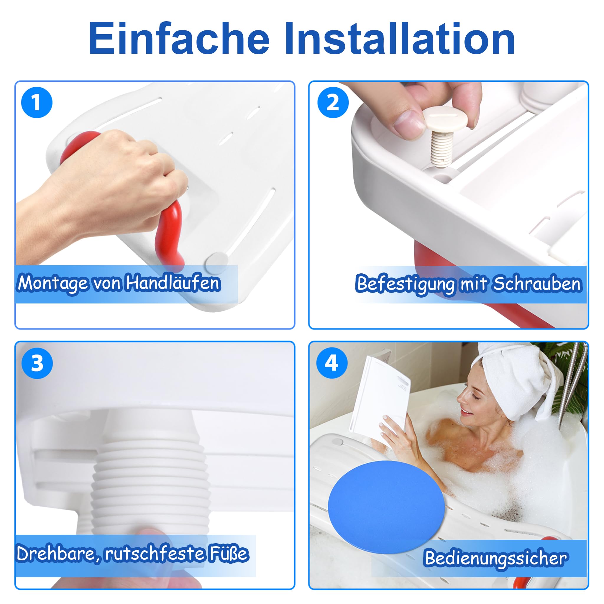 75,5x34cm Badewannenbrett mit Drehscheibe Badewannensitz für Senioren Einstellbar 41-63cm Wannensitz Sitzbrett Wannenbrett für Badewanne Duschbrett Stuhl für Badezimmer -Rot Griff
