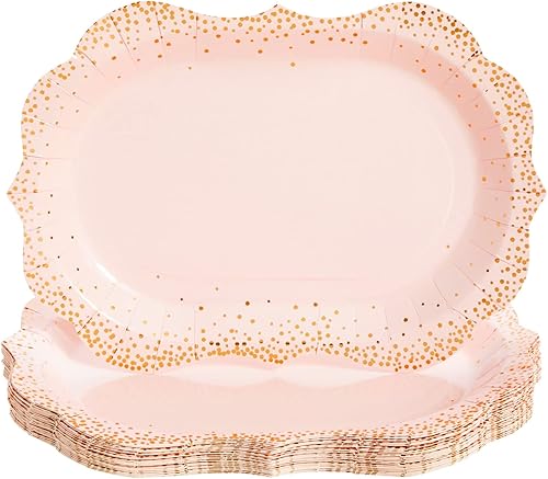 Sparkle and Bash Paquete de 24 bandejas desechables rosadas, platos de fiesta de lunares dorados para bodas, cumpleaños, fiestas de té, decoraciones