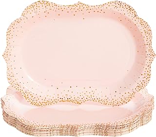 Sparkle and Bash 24-Pack Pink Disposable Serving Trays, Gold Foil Polka Dotted Party Platters for Wedding, Birthday, Tea Party, Brunch Decorations, Table Centerpiece, Home Decor (9x13 in)