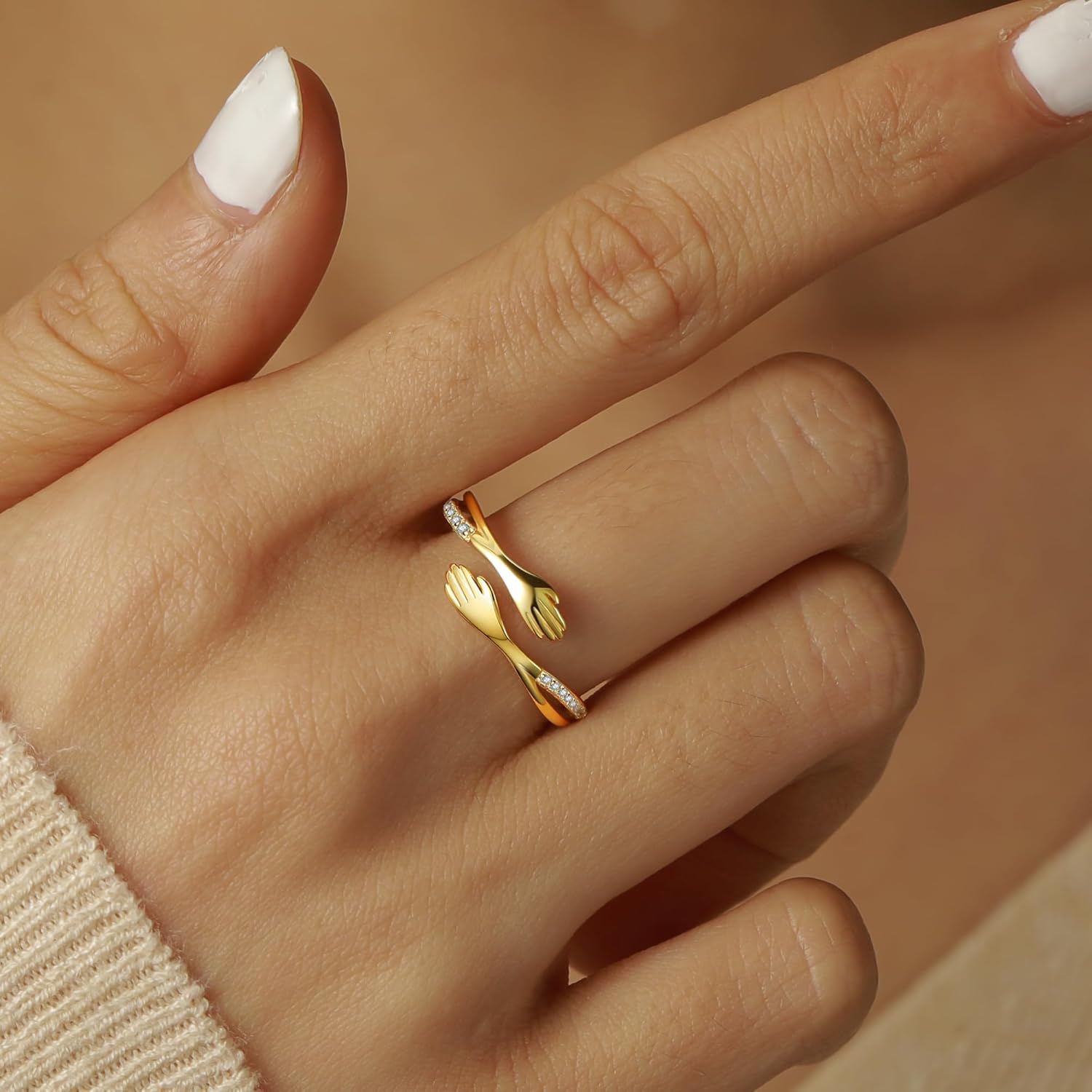 LOVECOM 925 Sterling Silver Hug Rings with Cubic Zirconia for Women Mother Daughter 14k Gold Plated Adjustable Hug from Heaven Hand Ring Trendy Stuff Friendship Ring Jewelry Gifts for Mom - Image 2