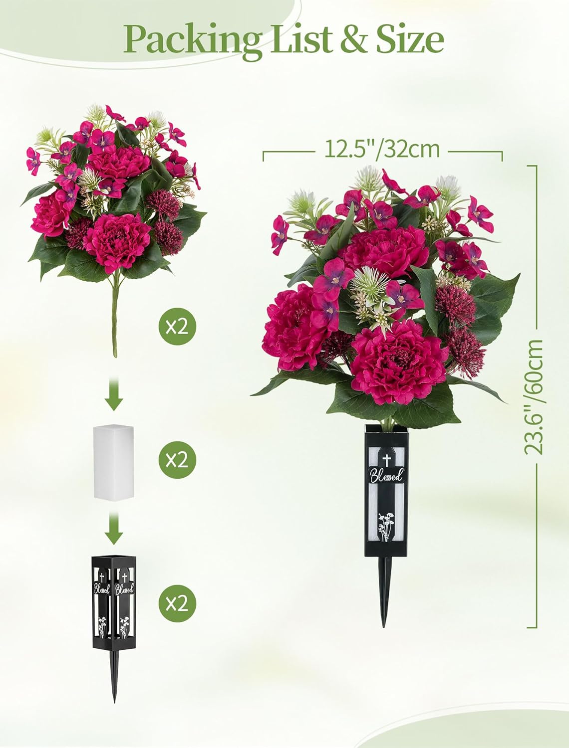 Artificial Cemetery Flowers for Grave: 2 Pcs Hot Pink Peony Grave Flower Bouquets with Vases for Cemetery Gravesites - Spring Outdoor Outdoor Grave Decorations