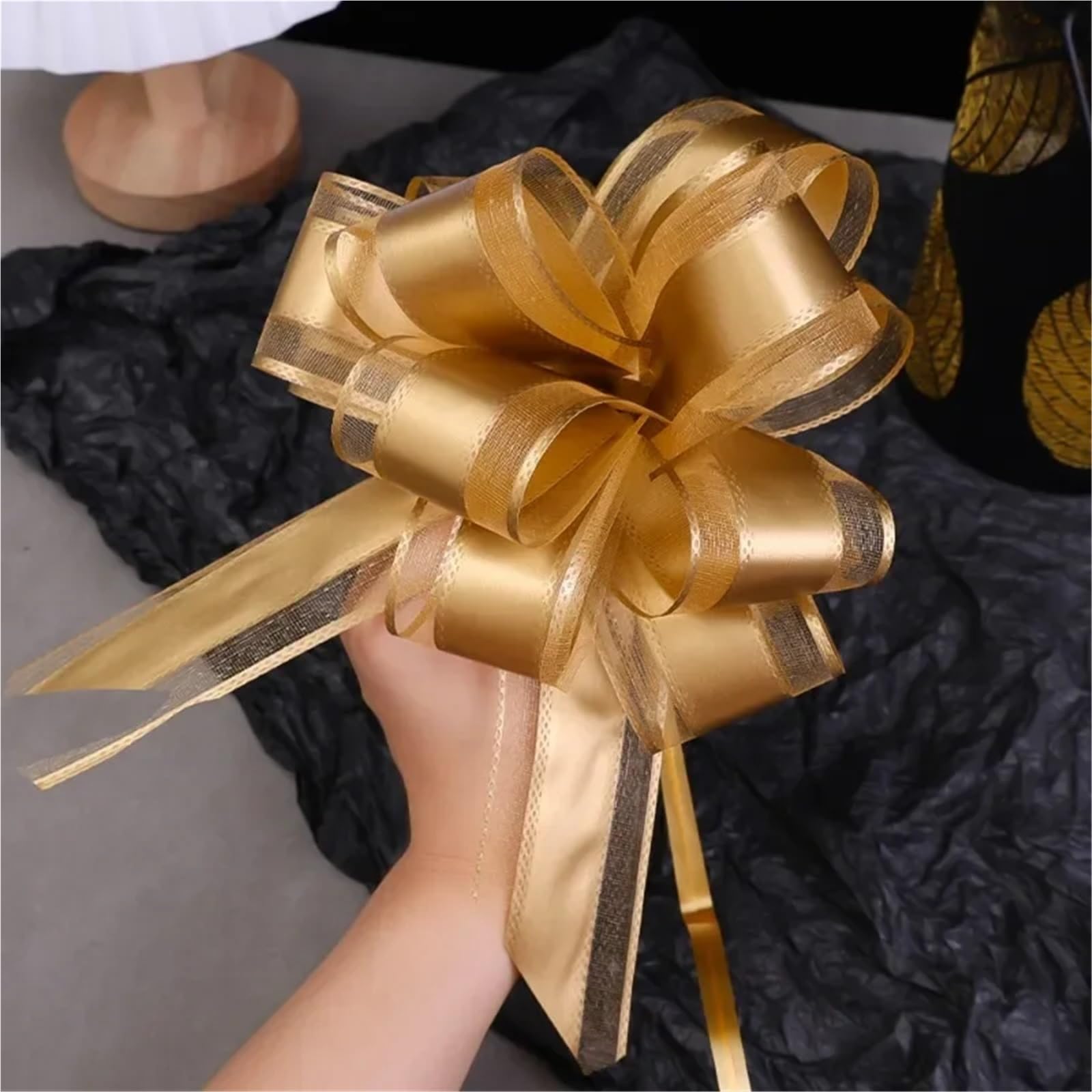 Hochzeitsauto Schleife 130 cm Lange Schleife, Verpackung, Blumenmuster, Hochzeit, Auto, Dekoration, Schnee, Gaze, Band, Box, Weinflaschen, Deko(Gold)
