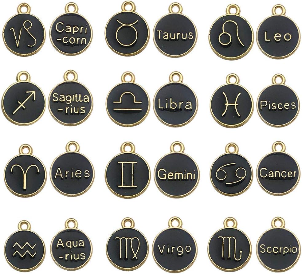 24pcs(2 sets) Zodiac Charms Twelve Constellation Round Enamel Metal Charms Double Sided Charms for DIY Necklace Bracelet (12mmX15mm Black)