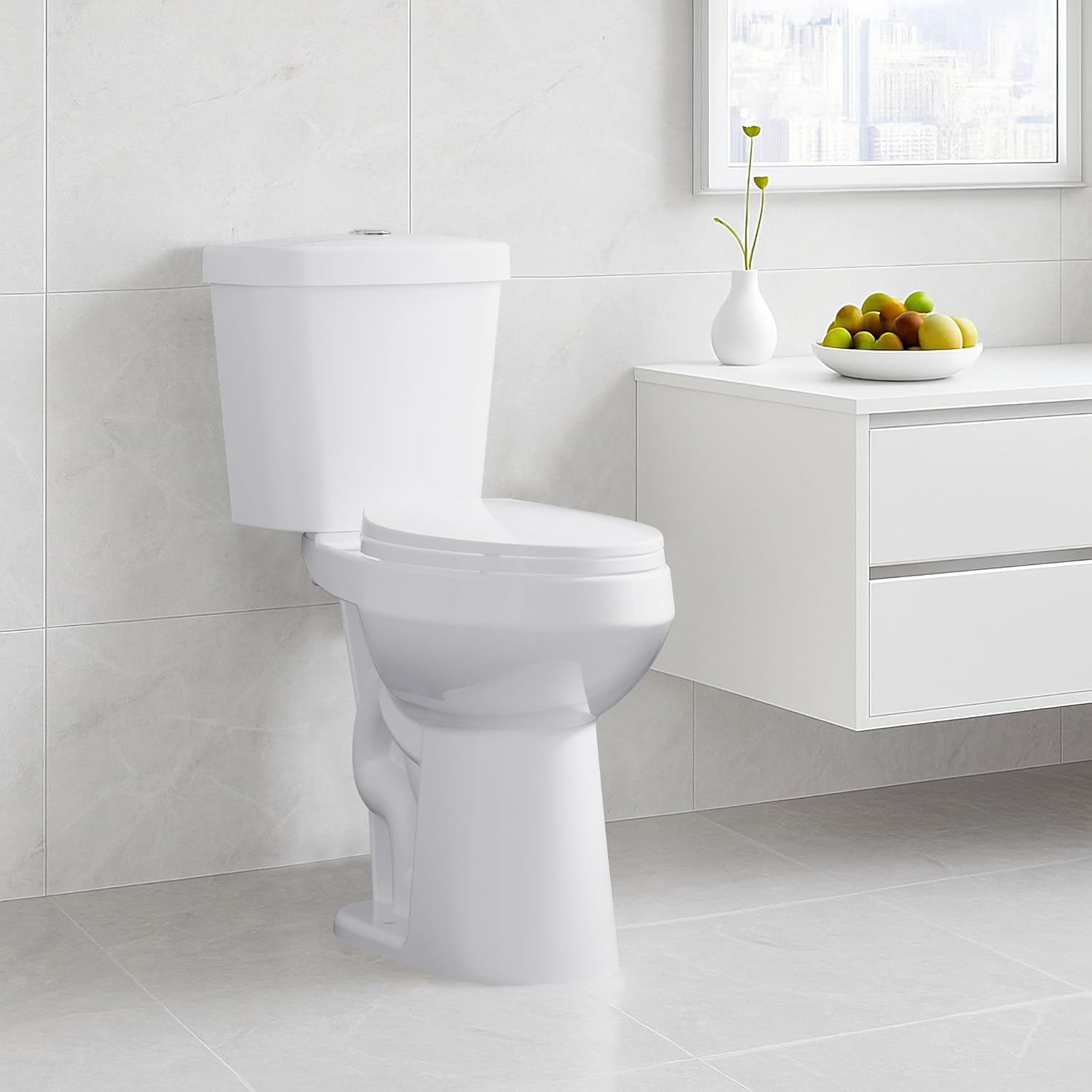 GarveeHome Two-Piece Toilet with ADA Comfort Chair Height Seat, Elongated Standard Toilet with Dual Flush Top Buttons, Powerful 1.28 GPF Single Flush for Bathroom, High Toilet for Seniors in White