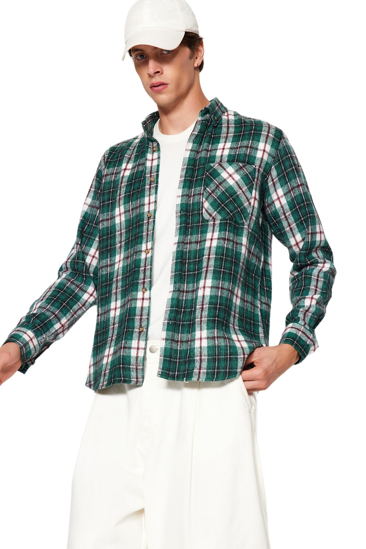 Trendyol Man Plus Size Slim fit Basic Button Placket Woven Shirt Grün